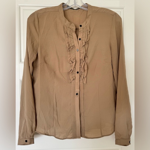 Zara Basic Women’s Ruffle PleatFront Button Blouse Tan Polyester Workwear Size M - Picture 1 of 7